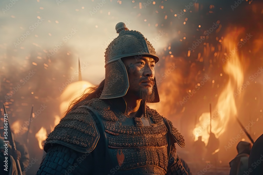 Genghis Khan and his Mongolian generals and warriors fighting under the