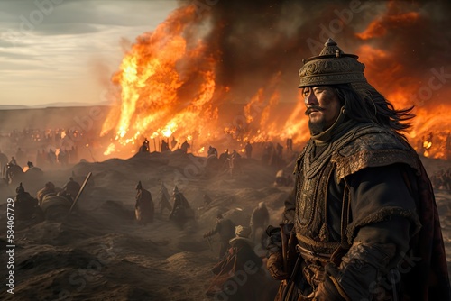 Genghis Khan and his Mongolian generals and warriors fighting under the city of Khorezm