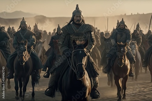 Genghis Khan and his Mongolian generals and warriors fighting under the city of Khorezm