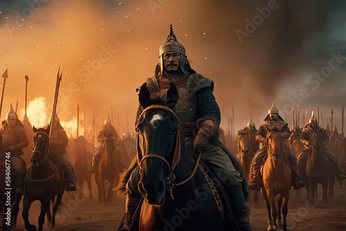 Genghis Khan and his Mongolian generals and warriors fighting under the city of Khorezm