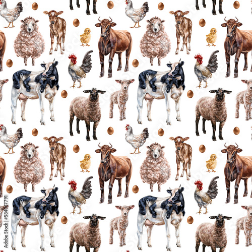 Seamless hand-drawn drawing with farm animals: cows, chickens and sheep. Background for textiles, fabrics, banners, wrapping paper and other designs