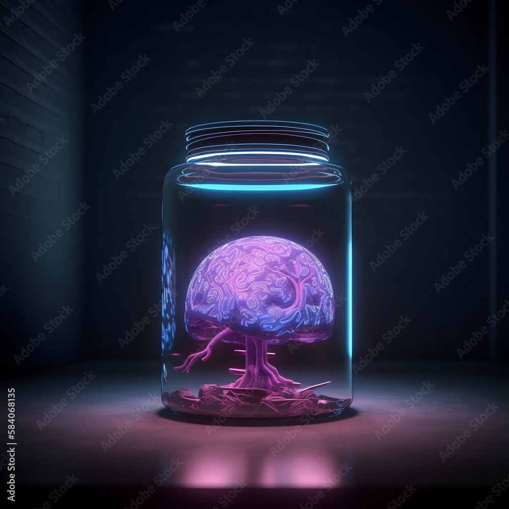 The scene is of an AI brain in a jar. The composition captures the