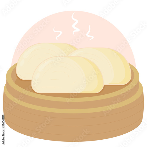 Flat vector design illustration of chinese food steam bun or mantou on a bamboo steamer for a menu or food campaign