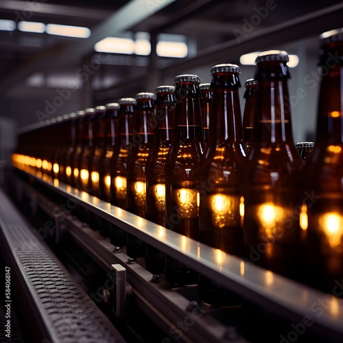 The scene is of brown glass beer bottles on a brewery conveyor belt, part of a modern production line. The composition conveys the efficient and automated nature of the brewing process. Generative AI