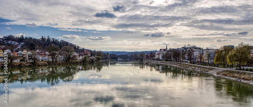 High dynamic range cityscape view of Passau city with view at the river inn during late afternoon light in march. WIdescreen panorama © Annabell Gsödl