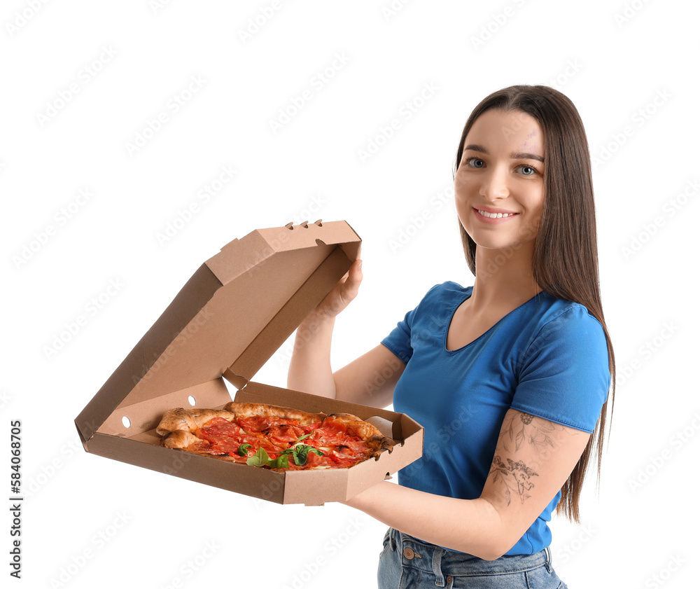 Young woman with box of tasty pizza on white background Young woman with box of tasty pizza on white background