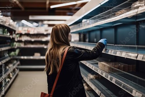 Girl feeling concerned about empty shelves and shortage of food in supermarket. Generated by AI photo