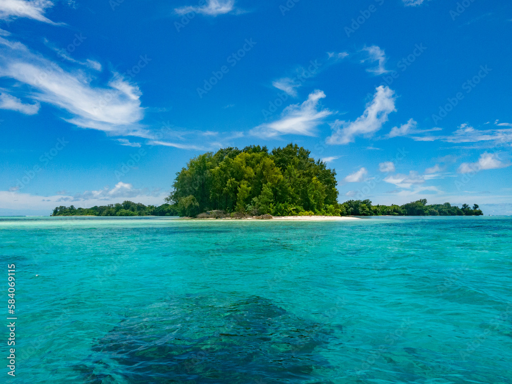 View of Ngerechong Island from boat, clear water, blue ocean, white sand beach and tropical green trees, Rock Island Southern Lagoon, Palau