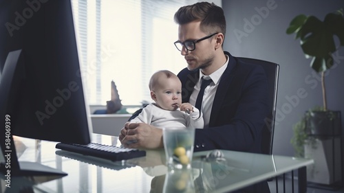 un homme en costume à son bureau avec un bébé sur les genoux - generative ai photo