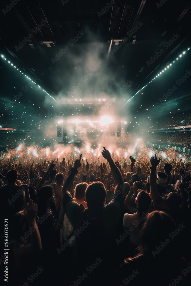Massive music festival in stadium at night. Generative AI vertical shot