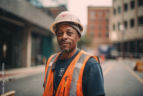 Construction worker wearing hardhat and hi vis vest. Portrait with focus on foreground. Generative AI © Pajaros Volando