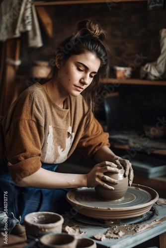 Young woman entrepreneur in her pottery studio. Generative AI vertical shot