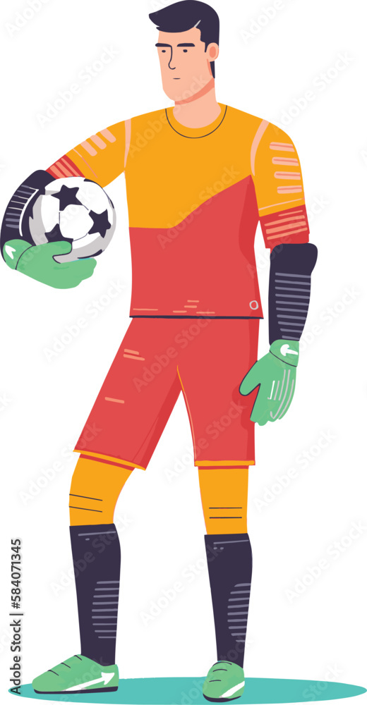 Soccer, football goalkeeper standing with one hand on hips other hand holding ball,  isolated vector illustration.