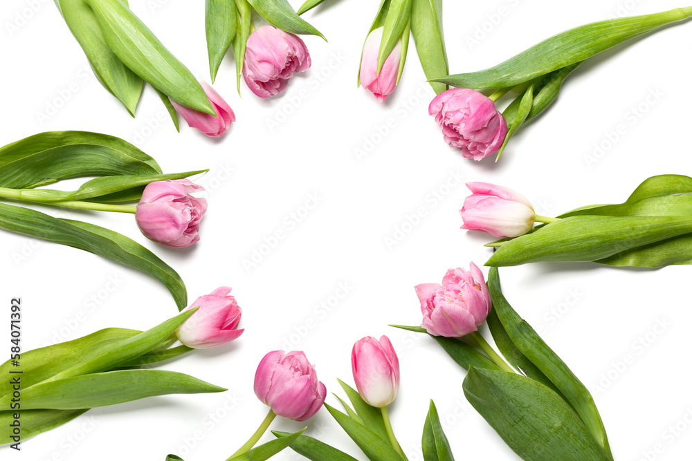 Frame made of beautiful tulip flowers on white background. Mother's Day celebration Frame made of beautiful tulip flowers on white background. Mother's Day celebration