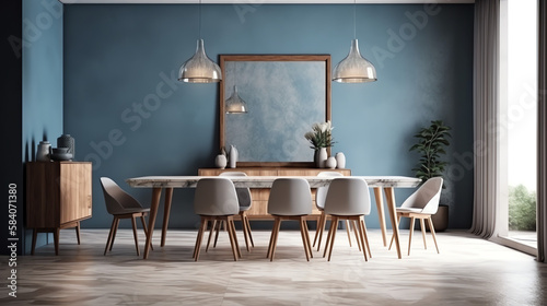 Modern interior design of apartment, empty living room with blank blue wall, dining room with table and chairs, interior background, 3d rendering