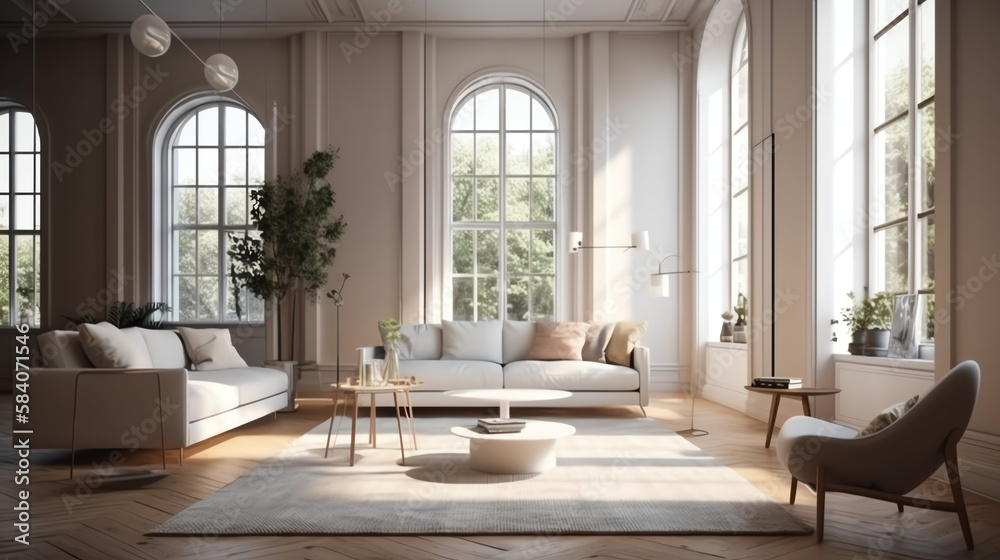 Modern interior design of cozy apartment, living room with white sofa, armchairs. Room with big window. 3d rendering