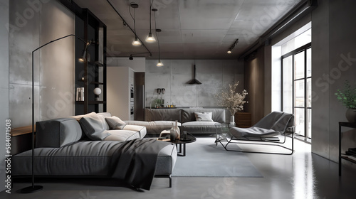 Modern interior design of apartment, living room with gray sofa over the concrete, stucco wall. Home interior. Loft style 3d rendering