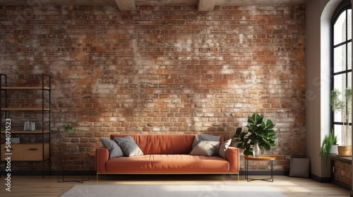 Foto Modern interior design of apartment, living room with terracota sofa over the brick wall