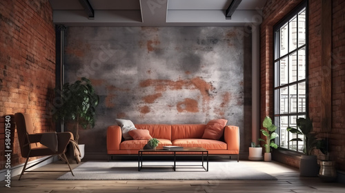Fototapeta Naklejka Na Ścianę i Meble -  Modern interior design of apartment, living room with terracota sofa over the brick wall. Home interior. 3d rendering