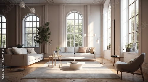 Modern interior design of cozy apartment, living room with white sofa, armchairs. Room with big window. 3d rendering