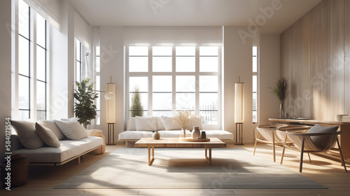 Modern interior design of cozy apartment, living room with white sofa, armchairs. Room with big window. 3d rendering