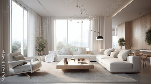Modern interior design of cozy apartment, living room with white sofa, armchairs. Room with big window. 3d rendering © Damien