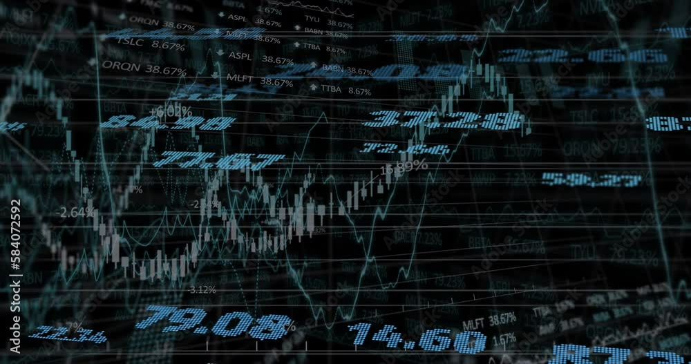 Animation of financial data processing with numbers over black background Animation of financial data processing with numbers over black background