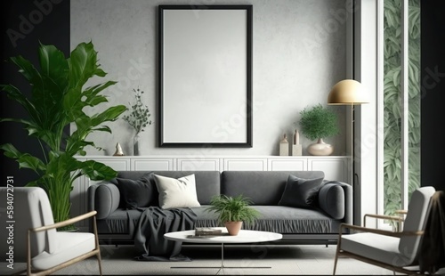 blank picture frame mockup on a wall vertical frame mockup in modern minimalist interior with plant in trendy vase on wall background  Template for painting  photo or poster