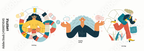 Lifestyle series - modern flat vector illustration of Healthy eating, eco bag, Knitting. People activities methapors and hobbies concept