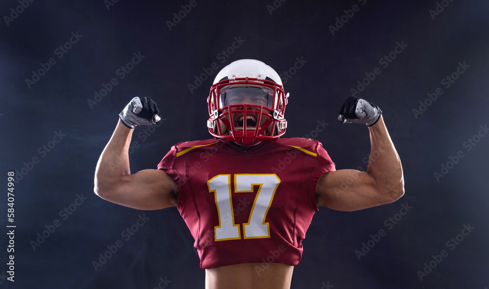 American football player banner with neon colors. Template for bookmaker ads with. Mockup for betting advertisement. Sports betting, football betting, gambling, bookmaker, big win