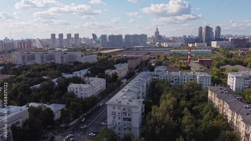 Aerial view of the Botkin Hospital in Moscow. Old houses against the backdrop of the business district. Roofs of Soviet houses Aerial view of the Botkin Hospital in Moscow. Old houses against the backdrop of the business district. Roofs of Soviet houses