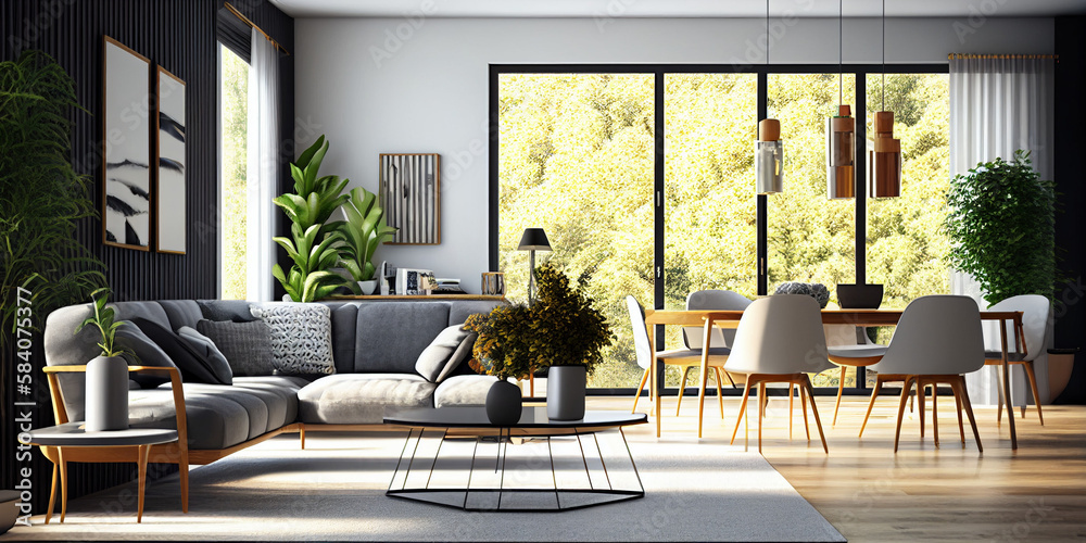 Obraz premium Interior of living room with sofa and table and chairs