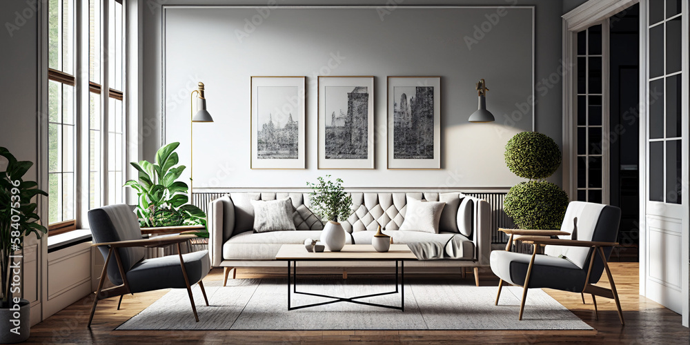 Interior of living room with sofa and table and chairs