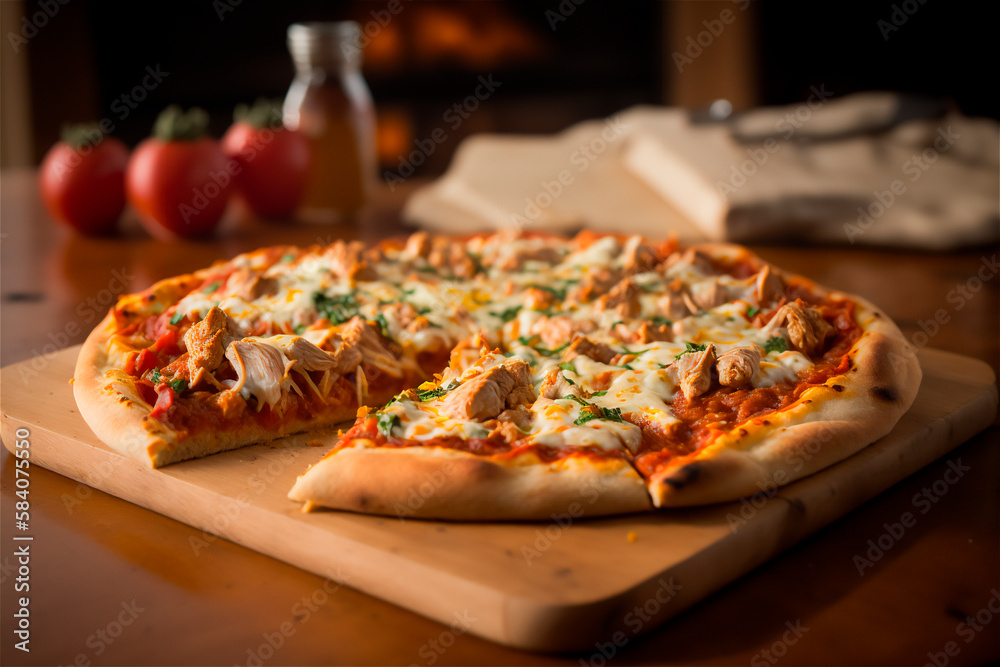 Delicious homemade whole chicken pizza on a rustic wooden table. AI generated. Selective Focus