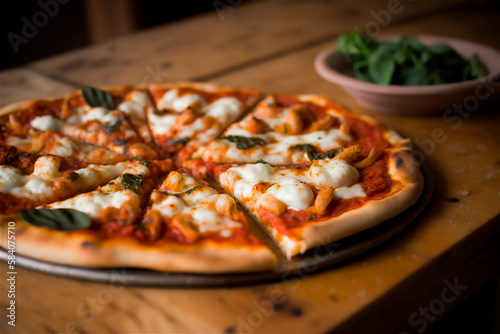 Delicious homemade whole chicken pizza on a rustic wooden table. AI generated. Selective Focus