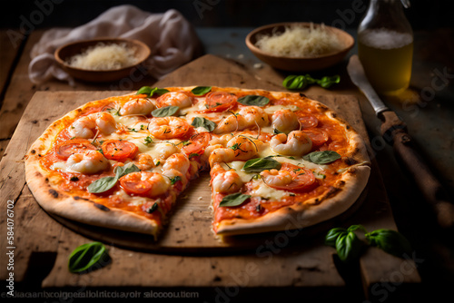 Delicious homemade whole shrimp pizza on a rustic wooden table. AI generated. Selective focus