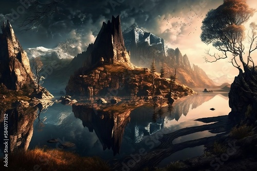 Magische futuristische Fantasy Landschaft. Mit Künstlicher Intelligenz erstellt. 
