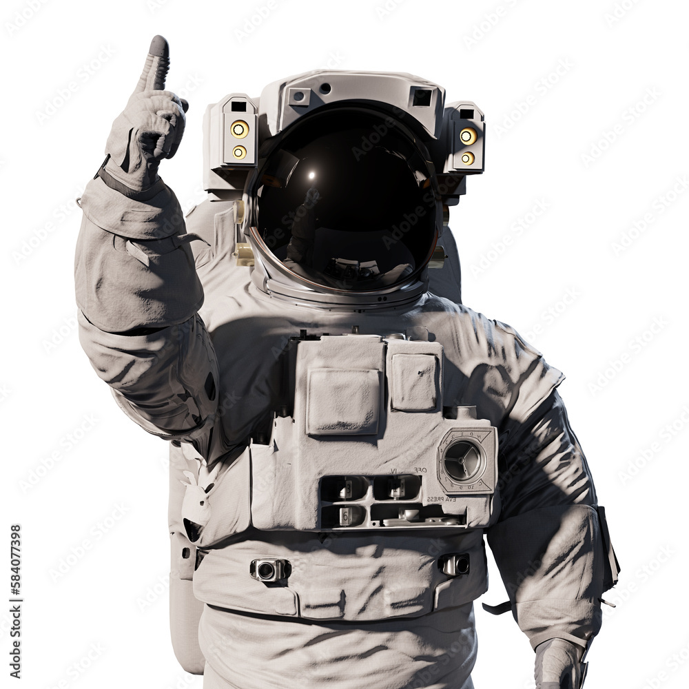 astronaut pointing upwards, isolated on transparent background