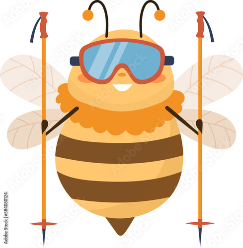Bee With Ski Poles And Goggles