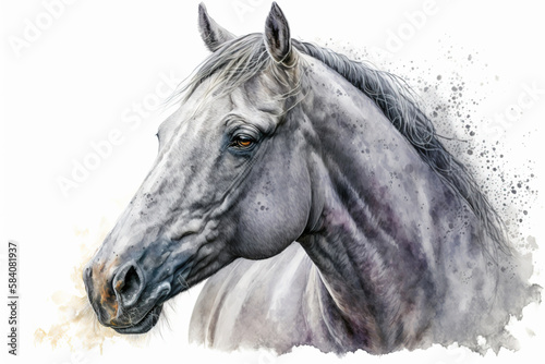 Generative AI. Horse head. Portrait of a grey horse. Watercolor illustration.