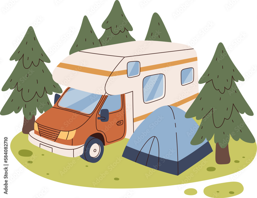 Camping car with tent in forest