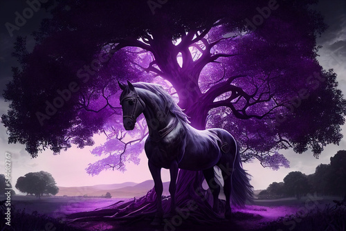 fantasy black horse with magic purple tree  Generative AI