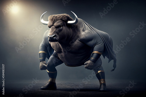muscular bodybuilder bull in dark gym  blue tones  Generative AI