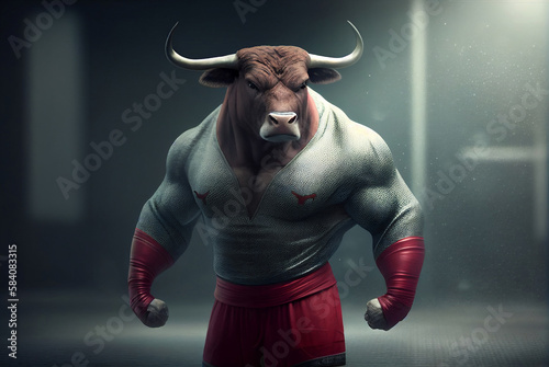 muscular bodybuilder bull in dark gym, blue tones, Generative AI