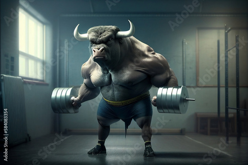 muscular bodybuilder bull in dark gym  blue tones  Generative AI