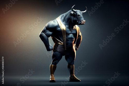 muscular bodybuilder bull in dark gym, blue tones, Generative AI