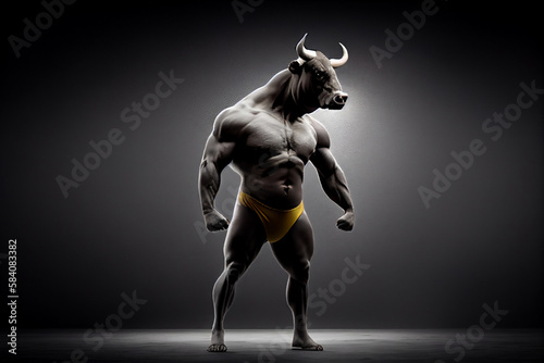 muscular bodybuilder bull in dark gym, blue tones, Generative AI