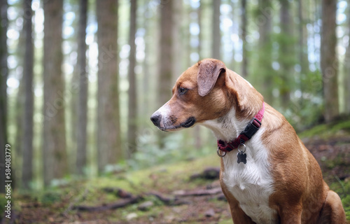 Happy dog sitting in front of defocused forest with tall trees. Side view of brown puppy dog looking at something intense and focused. 1 year old female Harrier mix dog, medium. Selective focus. © Petra Richli