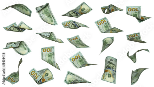 3D rendering of 100 US dollar notes flying in different angles and orientations isolated on transparent png background