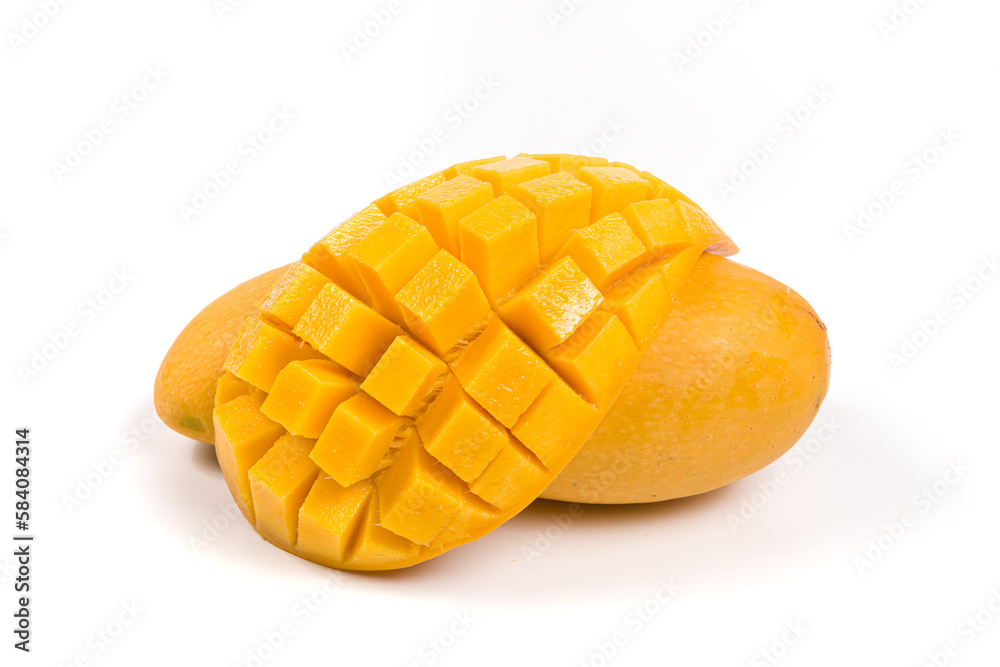 Yellow mango with slice isolated on white background